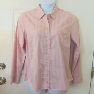 Old Navy perfect fit long sleeve pink and green stripe button front shirt.
